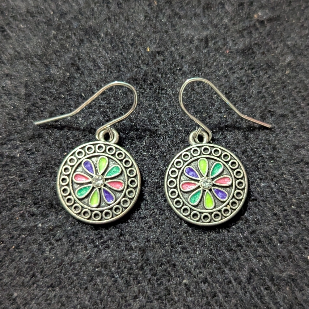 Silver Tone Colorful Floral Disc Mandala Dangle Statement Earrings